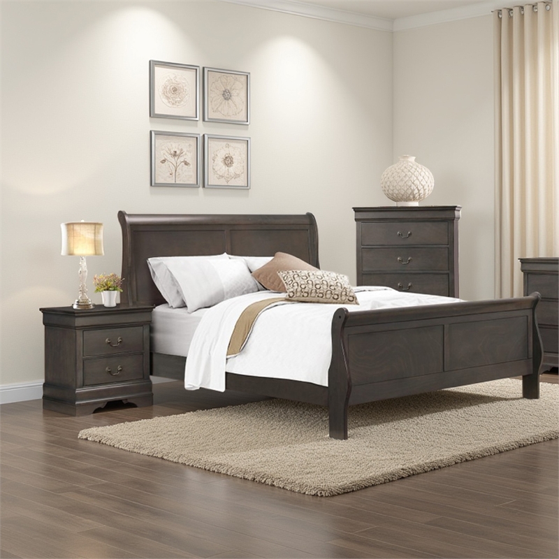 Fy Three Piece Full Size Bedroom Set- Modern Brass Metal Handles- Stained Gray