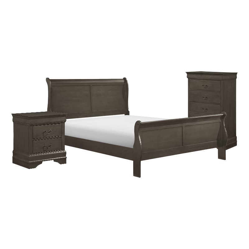 Fy Three Piece Full Size Bedroom Set- Modern Brass Metal Handles- Stained Gray