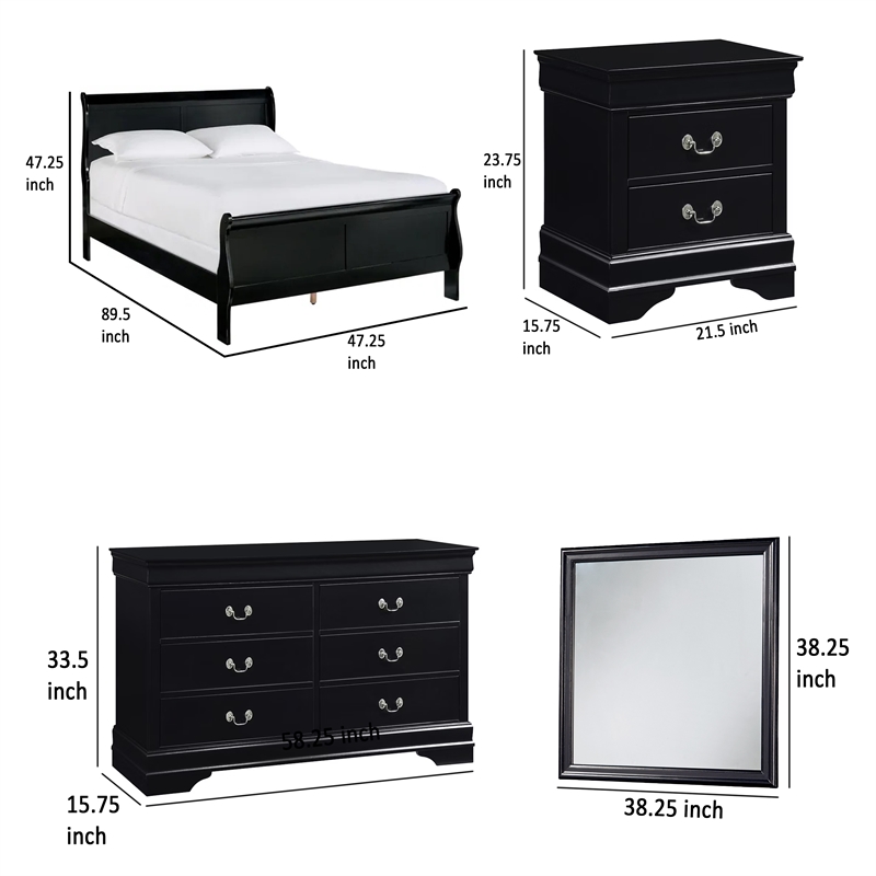 Fy Four Piece Queen Size Bedroom Set- Antique Nickel Metal Handles- Black