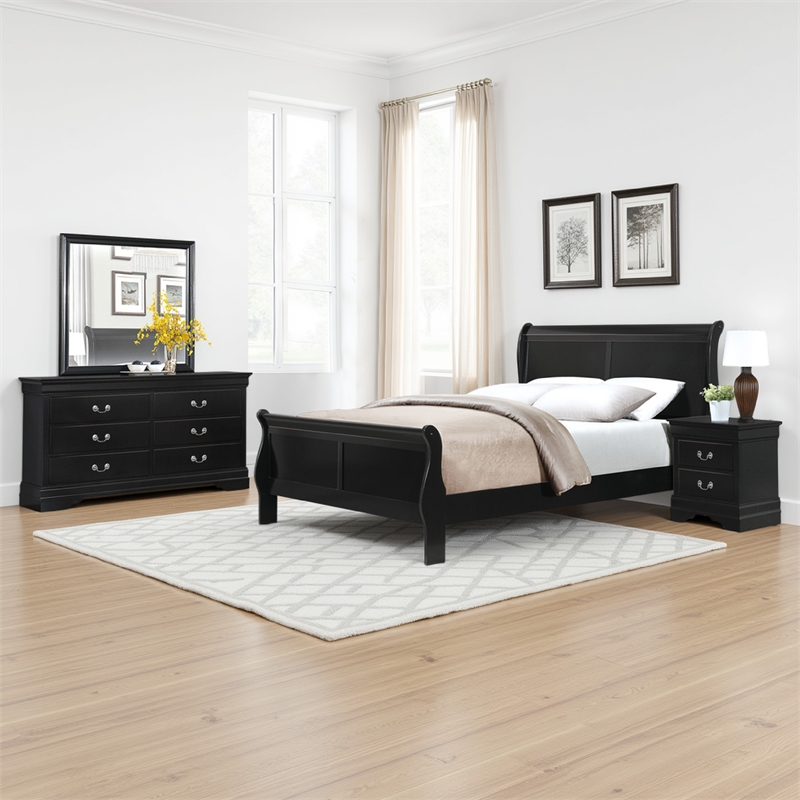Fy Four Piece Queen Size Bedroom Set- Antique Nickel Metal Handles- Black