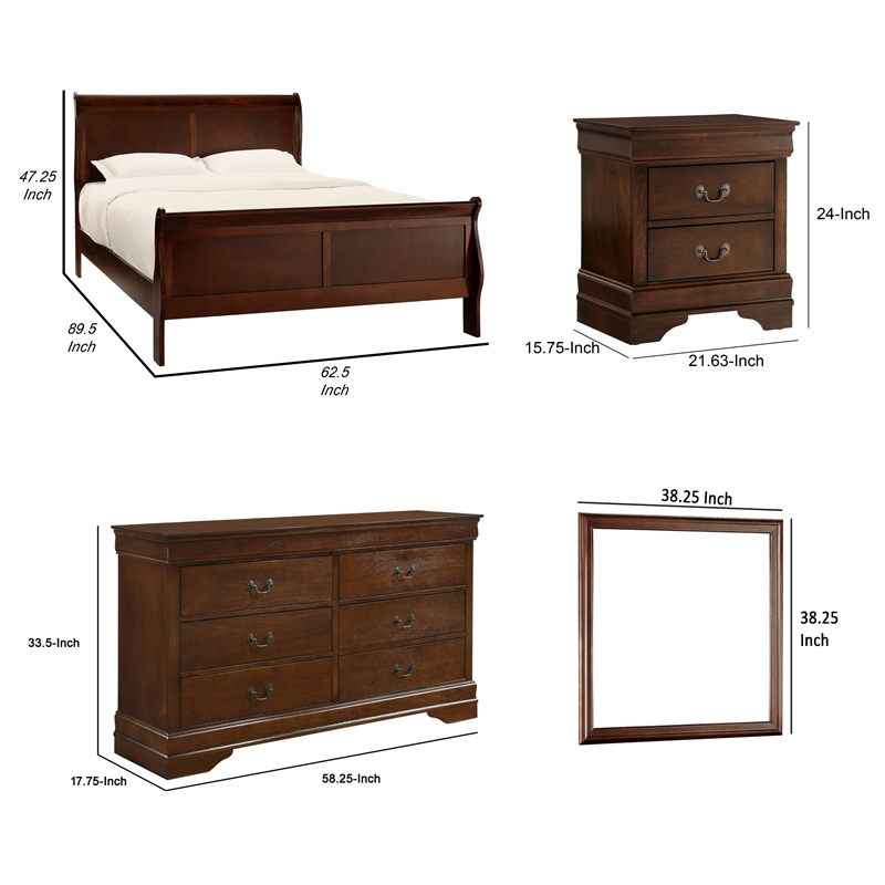 Fy Four Piece Queen Size Bedroom Set- Antique Brass Metal Handles- Cherry Brown