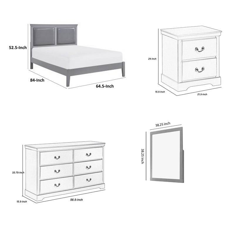 Balli 4 Piece Queen Size Bedroom Set- Faux Leather Panel Padding- Gray