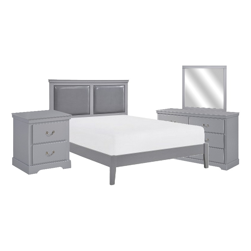Balli 4 Piece Queen Size Bedroom Set- Faux Leather Panel Padding- Gray