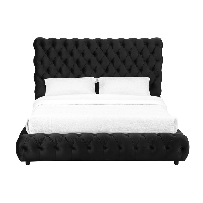 Goy King Size Bed- Low Profile- Button Tufted- Black Velvet Upholstery