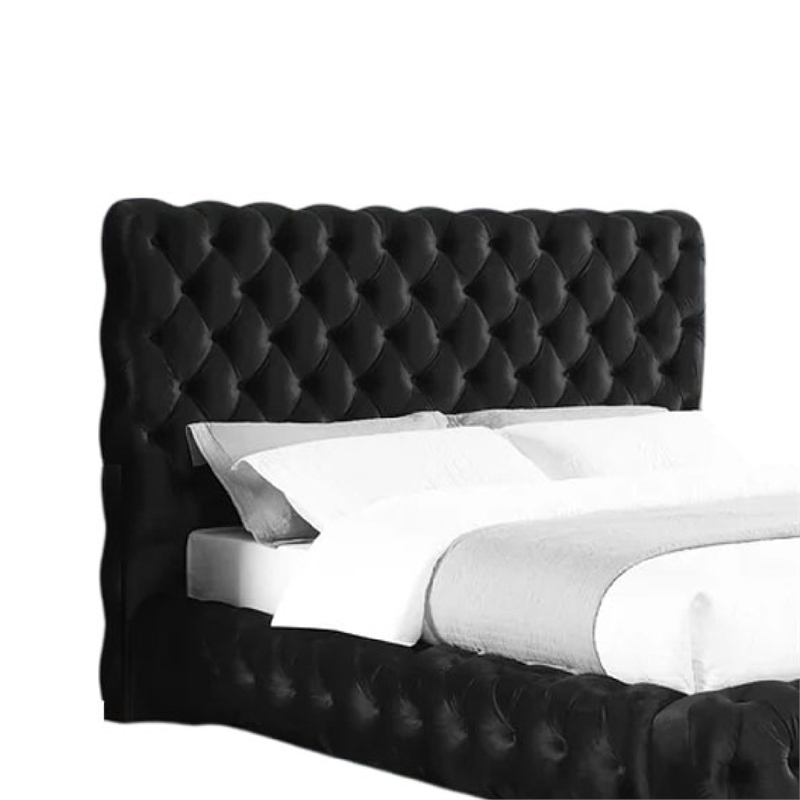 Goy King Size Bed- Low Profile- Button Tufted- Black Velvet Upholstery