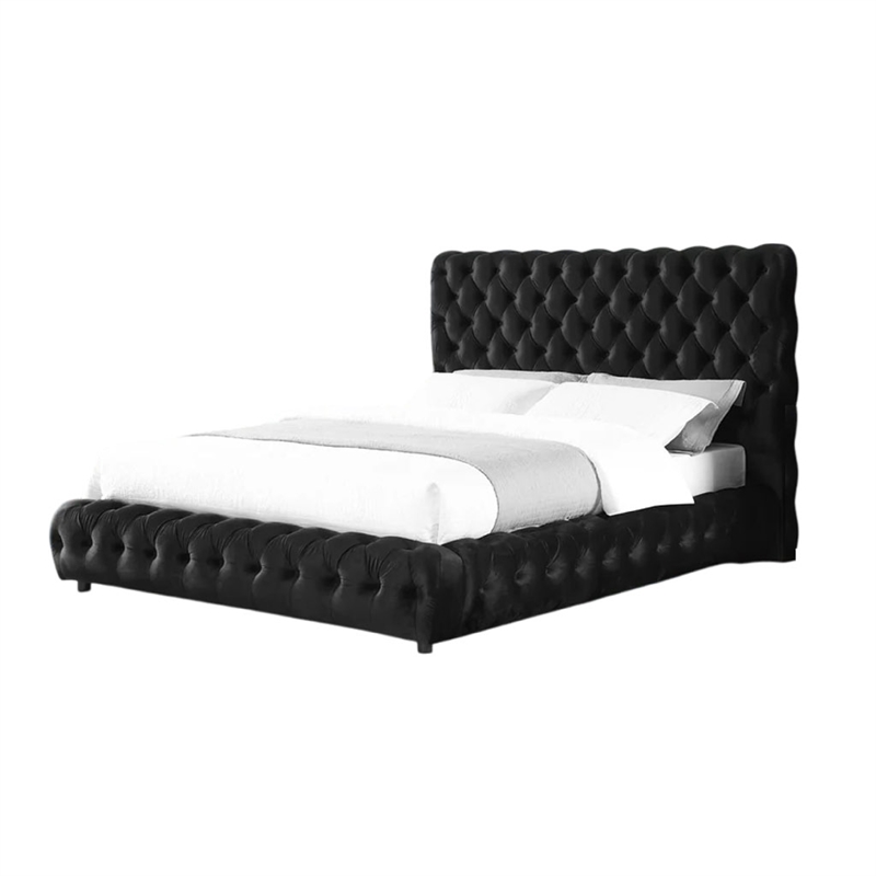 Goy King Size Bed- Low Profile- Button Tufted- Black Velvet Upholstery