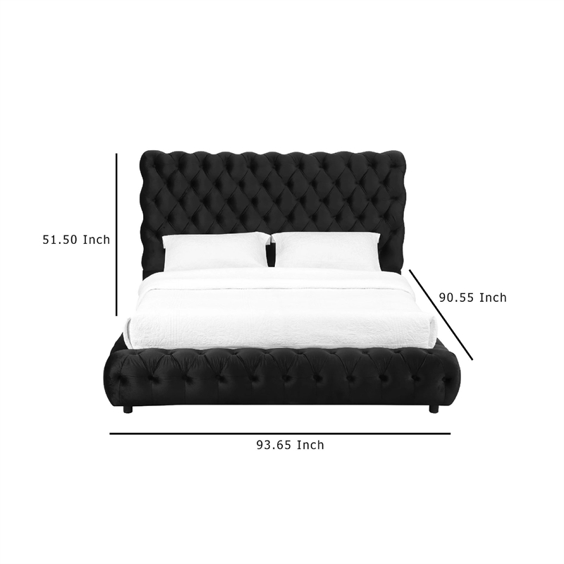 Goy King Size Bed- Low Profile- Button Tufted- Black Velvet Upholstery