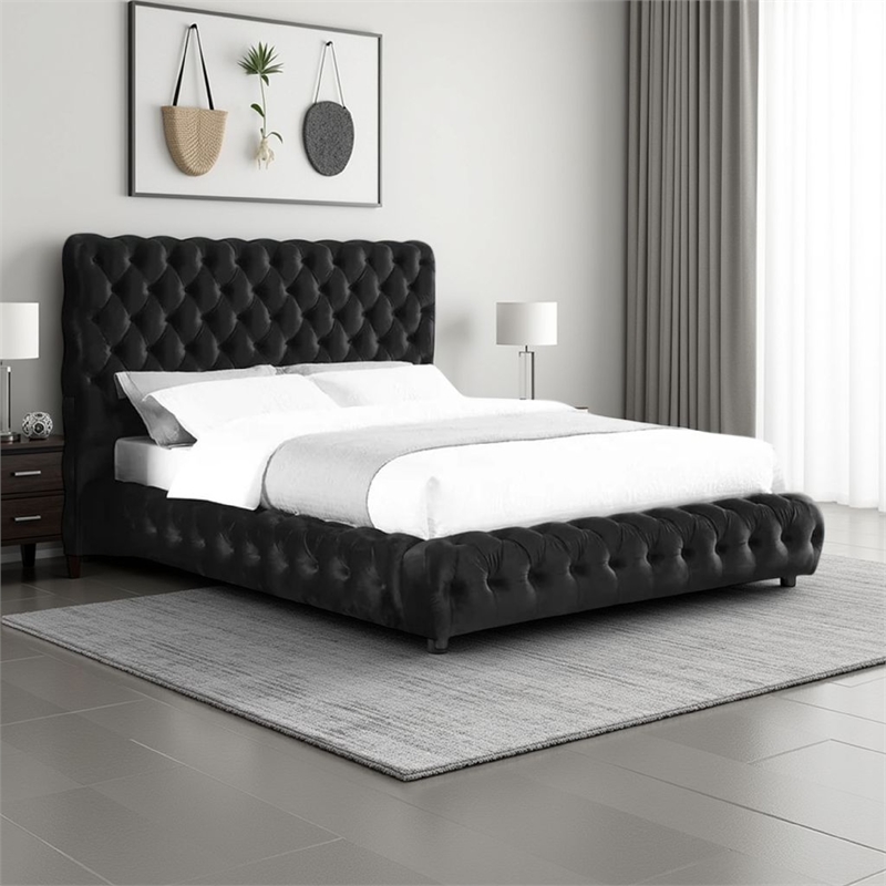Goy King Size Bed- Low Profile- Button Tufted- Black Velvet Upholstery