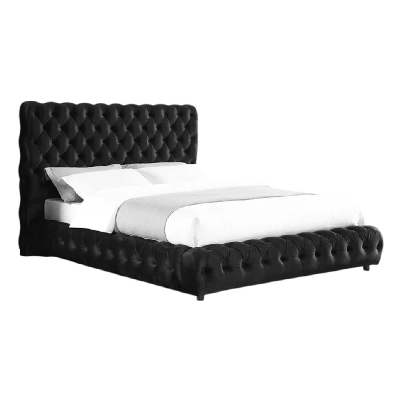 Goy King Size Bed- Low Profile- Button Tufted- Black Velvet Upholstery