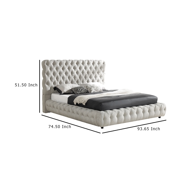 Goy Queen Size Bed- Low Profile- Button Tufted- Gray Fabric Upholstery