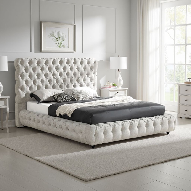 Goy Queen Size Bed- Low Profile- Button Tufted- Gray Fabric Upholstery