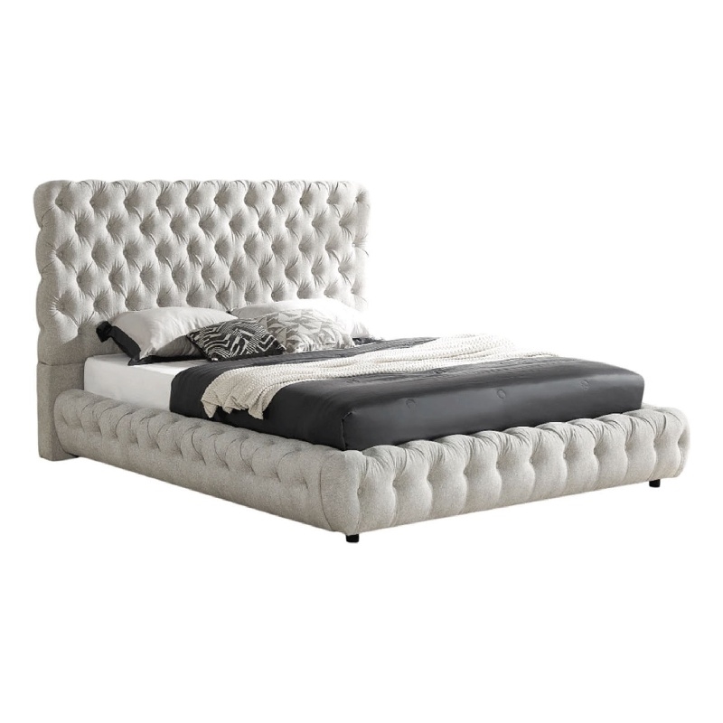 Goy Queen Size Bed- Low Profile- Button Tufted- Gray Fabric Upholstery