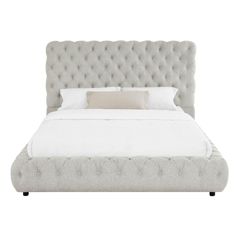 Goy Queen Size Bed- Low Profile- Button Tufted- Gray Fabric Upholstery