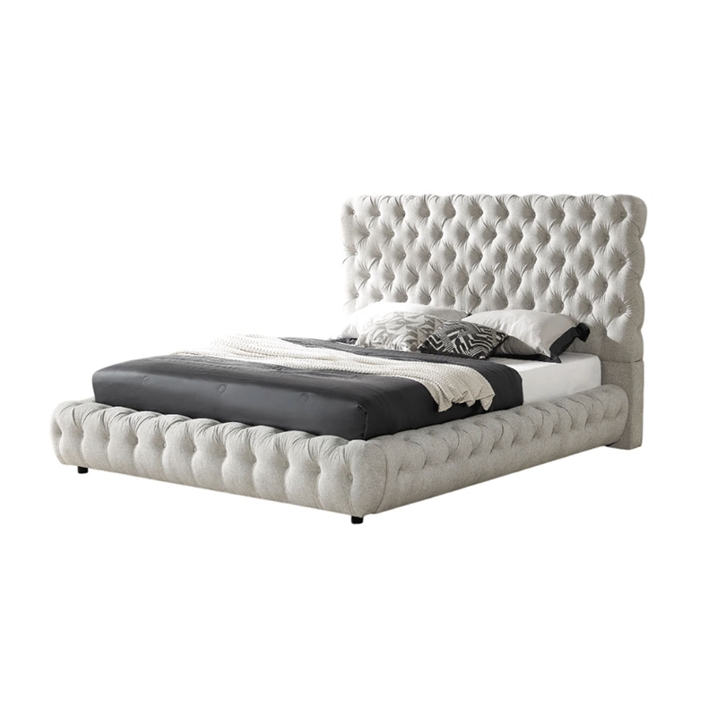 Goy Queen Size Bed- Low Profile- Button Tufted- Gray Fabric Upholstery