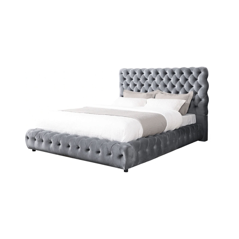 Goy King Size Bed- Diamond Tufted Gray Velvet Upholstery- Low Profile