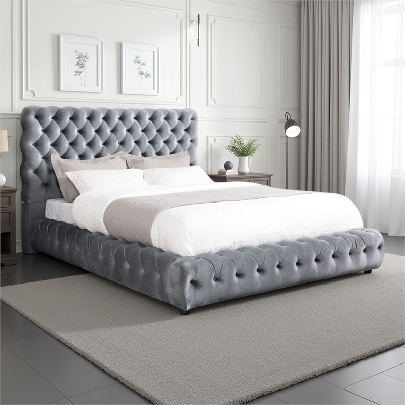 Goy King Size Bed- Diamond Tufted Gray Velvet Upholstery- Low Profile