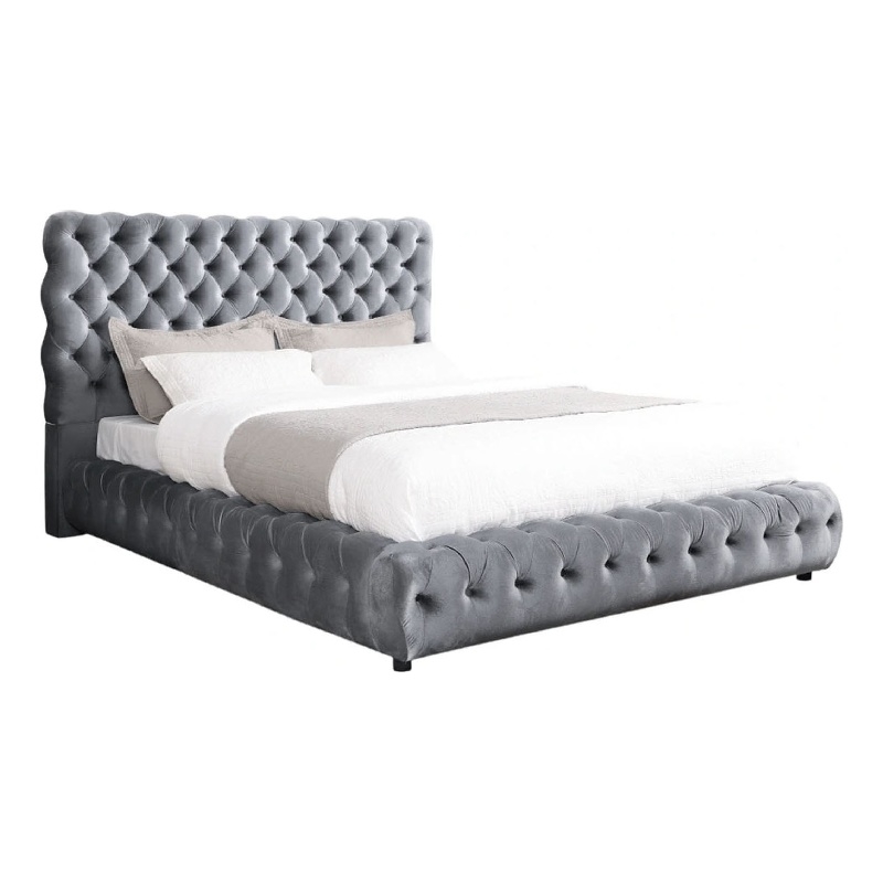 Goy King Size Bed- Diamond Tufted Gray Velvet Upholstery- Low Profile