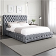 Goy Queen Size Bed- Diamond Tufted Gray Velvet Upholstery- Low Profile