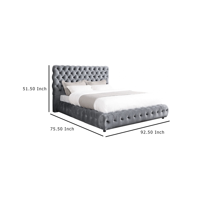 Goy Queen Size Bed- Diamond Tufted Gray Velvet Upholstery- Low Profile