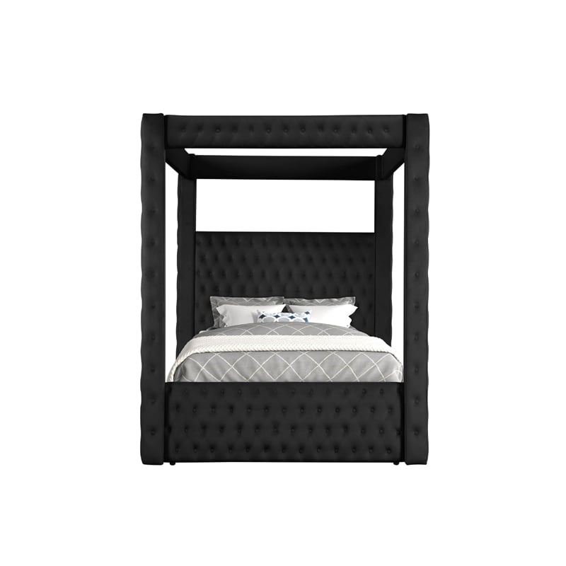 Beli King Size Canopy Bed- Tufted Design- Black Velvet Upholstery