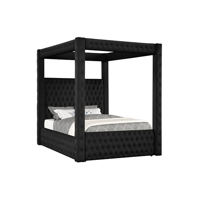 Beli King Size Canopy Bed- Tufted Design- Black Velvet Upholstery