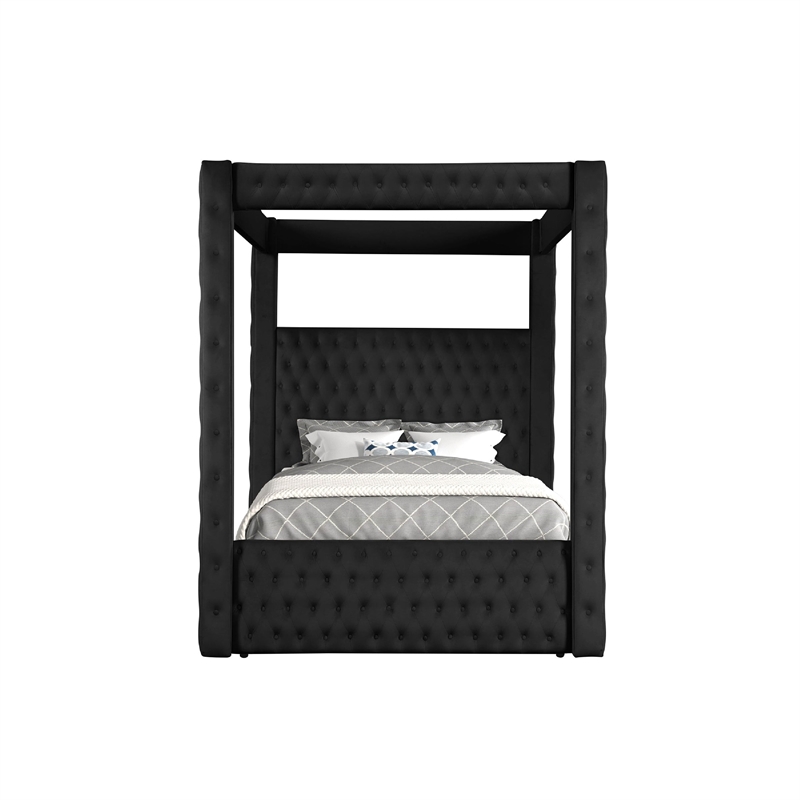 Beli King Size Canopy Bed- Tufted Design- Black Velvet Upholstery