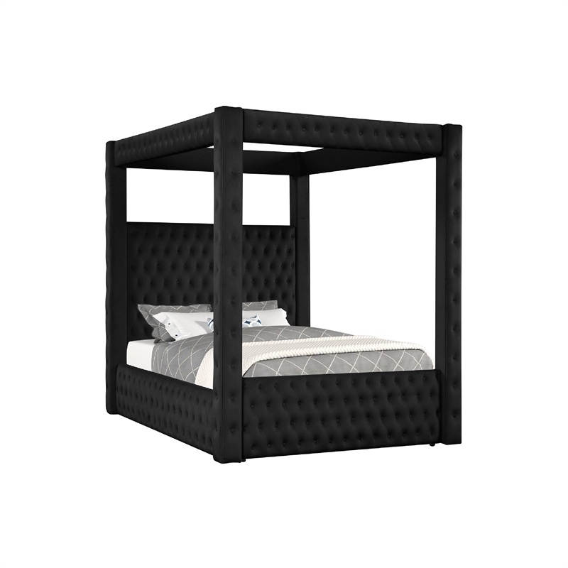 Beli King Size Canopy Bed- Tufted Design- Black Velvet Upholstery