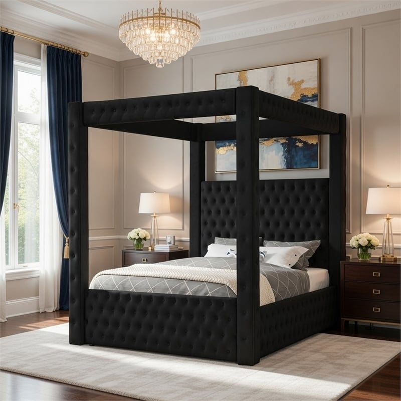 Beli King Size Canopy Bed- Tufted Design- Black Velvet Upholstery
