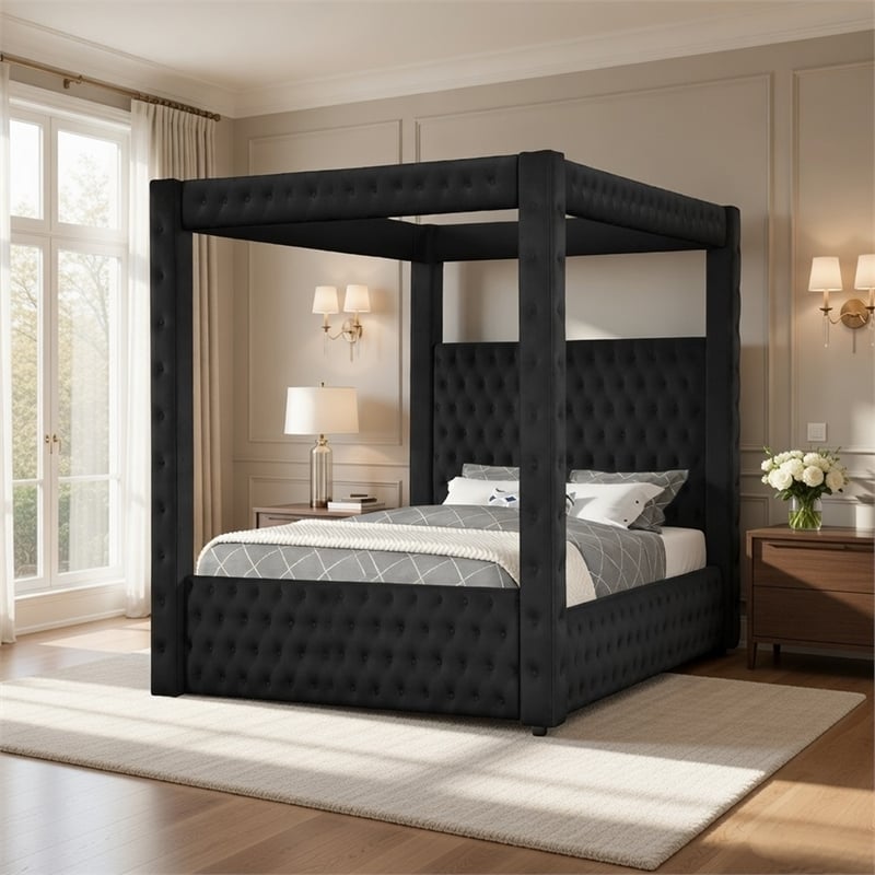 Beli King Size Canopy Bed- Tufted Design- Black Velvet Upholstery