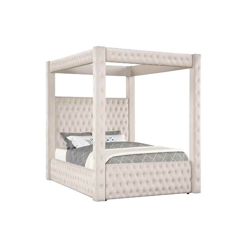 Beli King Size Canopy Bed- Tufted Design- Ivory Velvet Upholstery