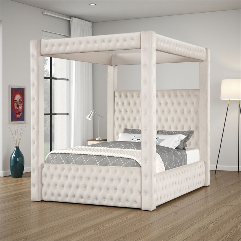 Beli King Size Canopy Bed- Tufted Design- Ivory Velvet Upholstery