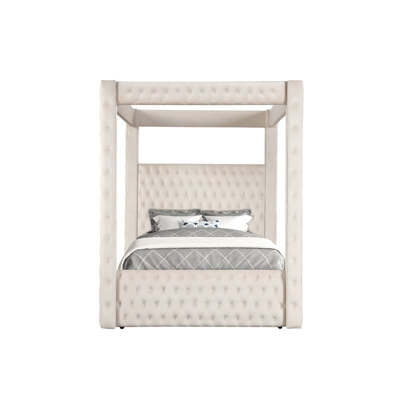 Beli Queen Size Canopy Bed- Tufted Design- Ivory Velvet Upholstery