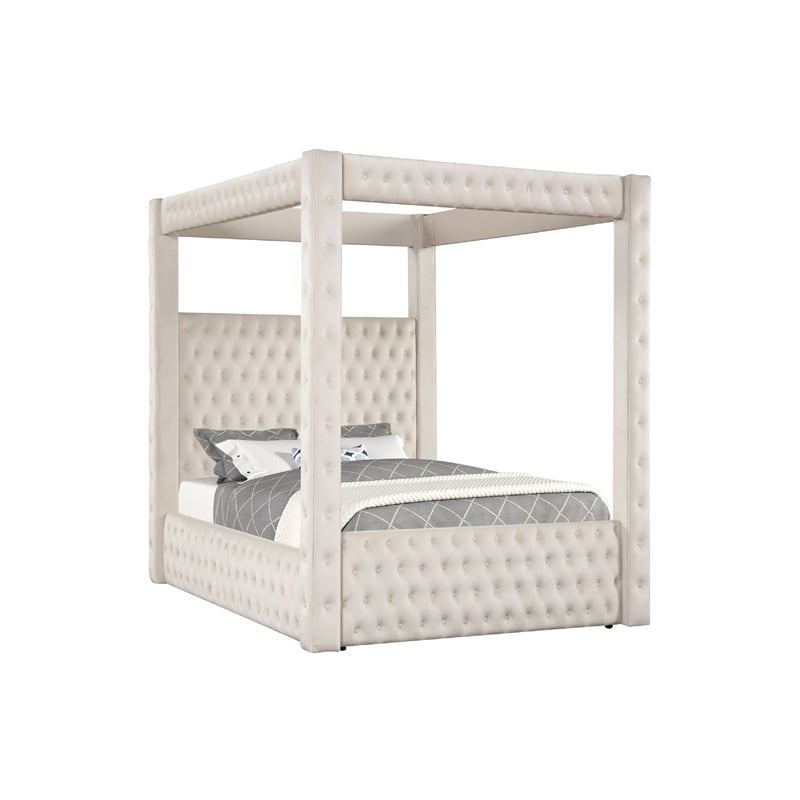 Beli Queen Size Canopy Bed- Tufted Design- Ivory Velvet Upholstery