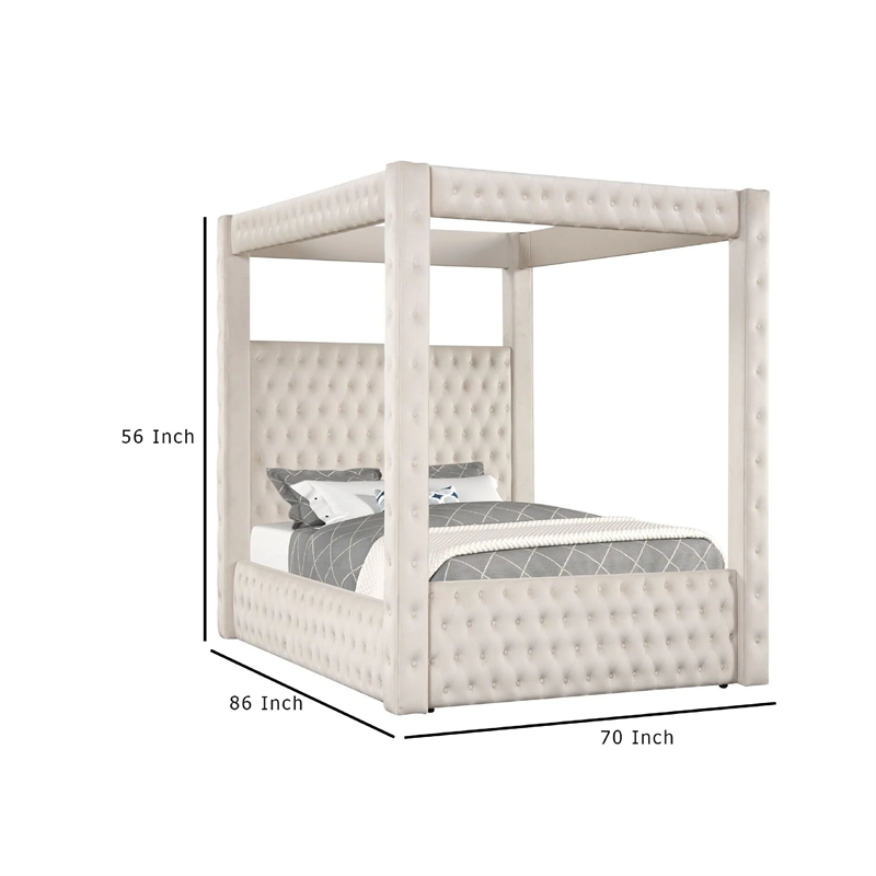 Beli Queen Size Canopy Bed- Tufted Design- Ivory Velvet Upholstery