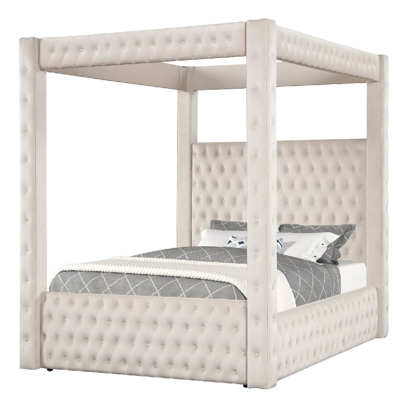 Beli Queen Size Canopy Bed- Tufted Design- Ivory Velvet Upholstery