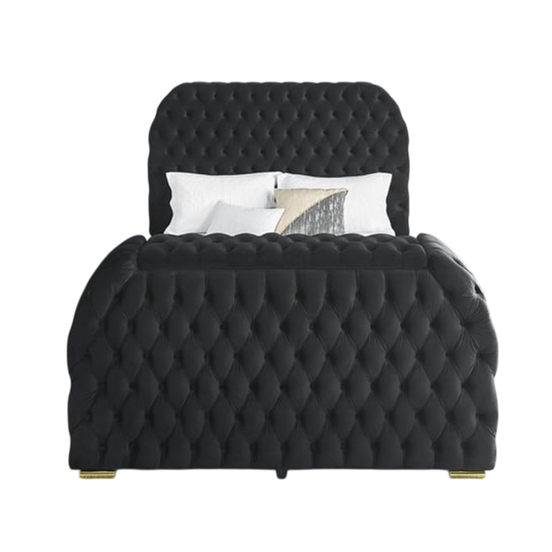 Kery King Bed w Lift TV Stand- LED Fireplace- Black Velvet Upholstery