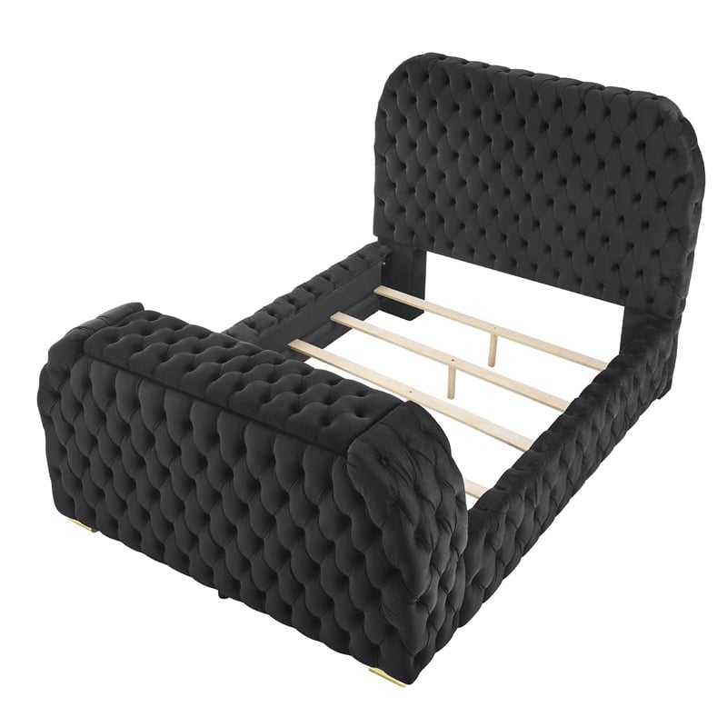 Kery King Bed w Lift TV Stand- LED Fireplace- Black Velvet Upholstery