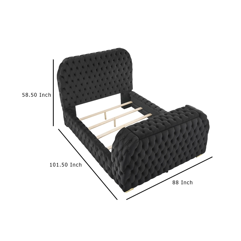 Kery King Bed w Lift TV Stand- LED Fireplace- Black Velvet Upholstery