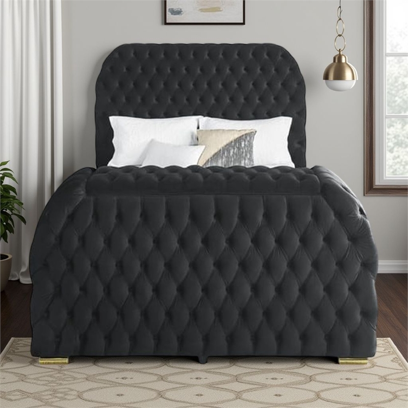 Kery King Bed w Lift TV Stand- LED Fireplace- Black Velvet Upholstery