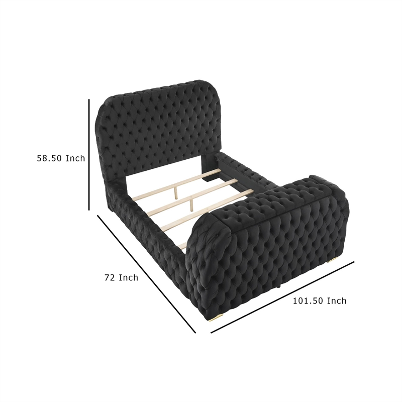 Kery Queen Bed- Lift TV Stand- LED Fireplace- Black Velvet Upholstery