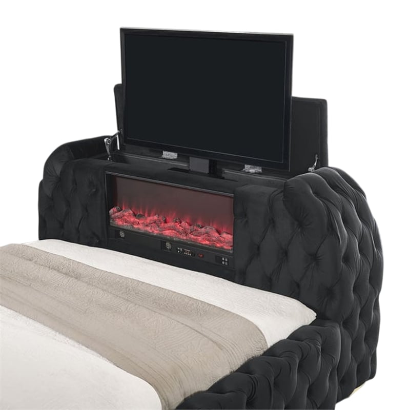 Kery Queen Bed- Lift TV Stand- LED Fireplace- Black Velvet Upholstery