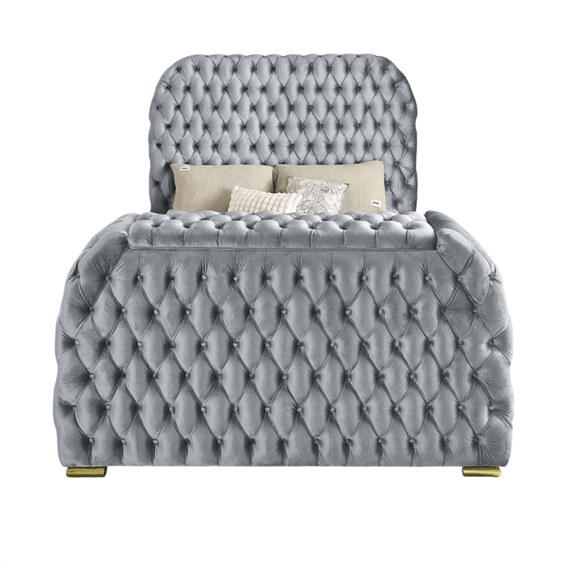 Kery King Bed- Lift TV Stand- LED Fireplace- Gray Velvet Upholstery