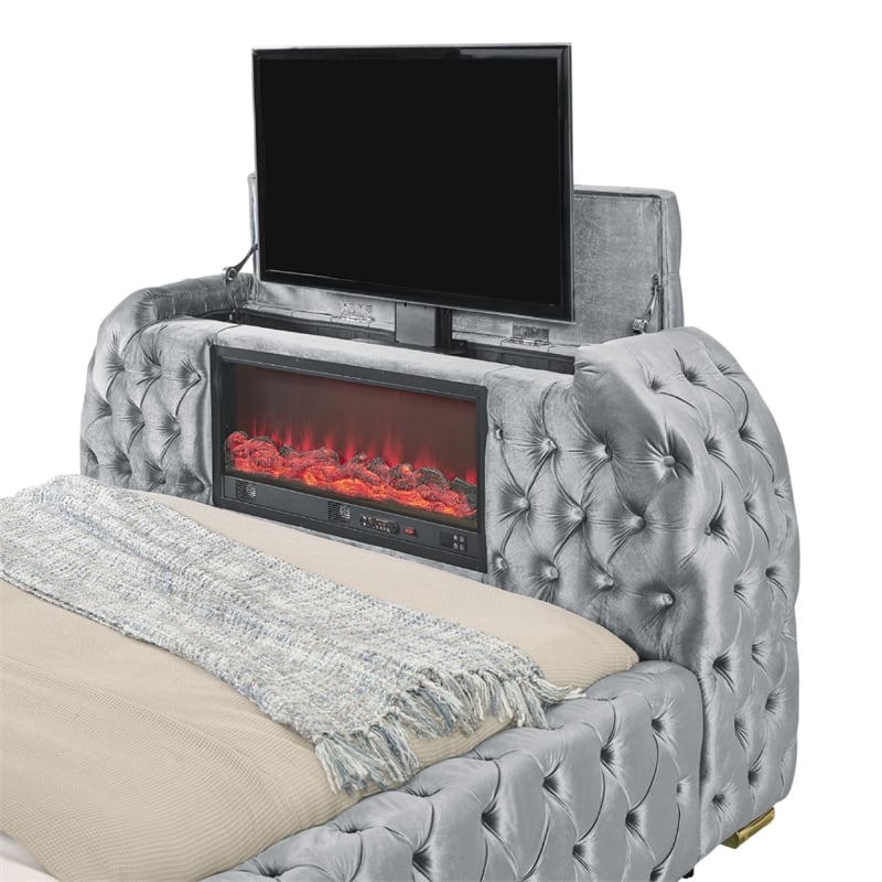 Kery King Bed- Lift TV Stand- LED Fireplace- Gray Velvet Upholstery