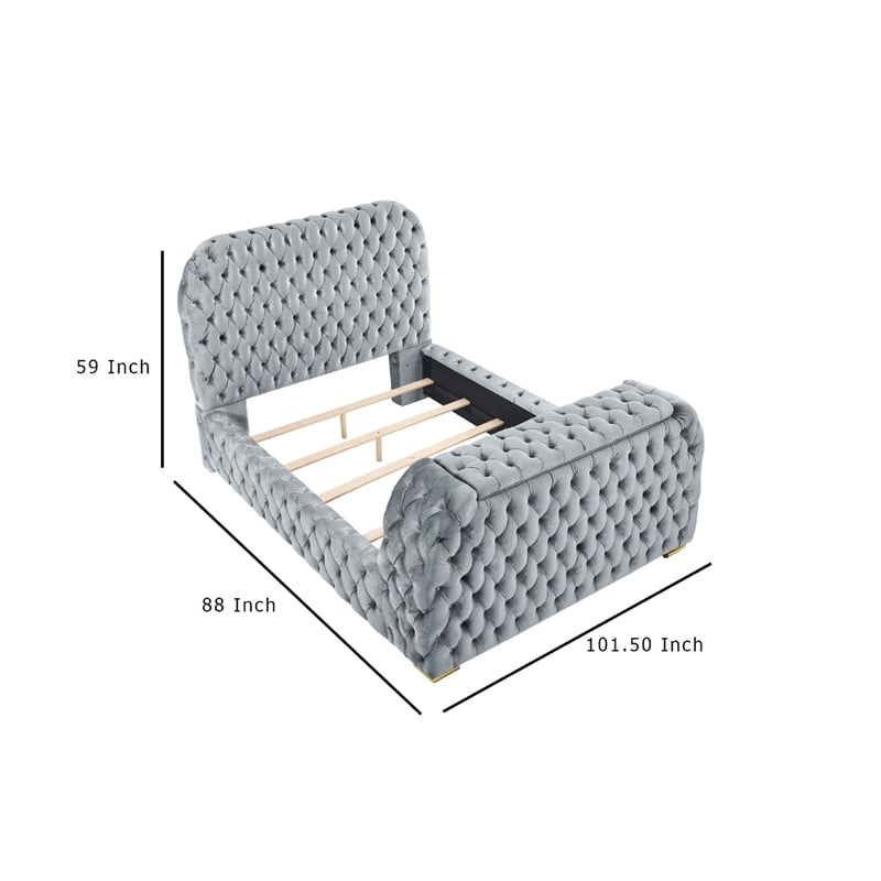 Kery King Bed- Lift TV Stand- LED Fireplace- Gray Velvet Upholstery