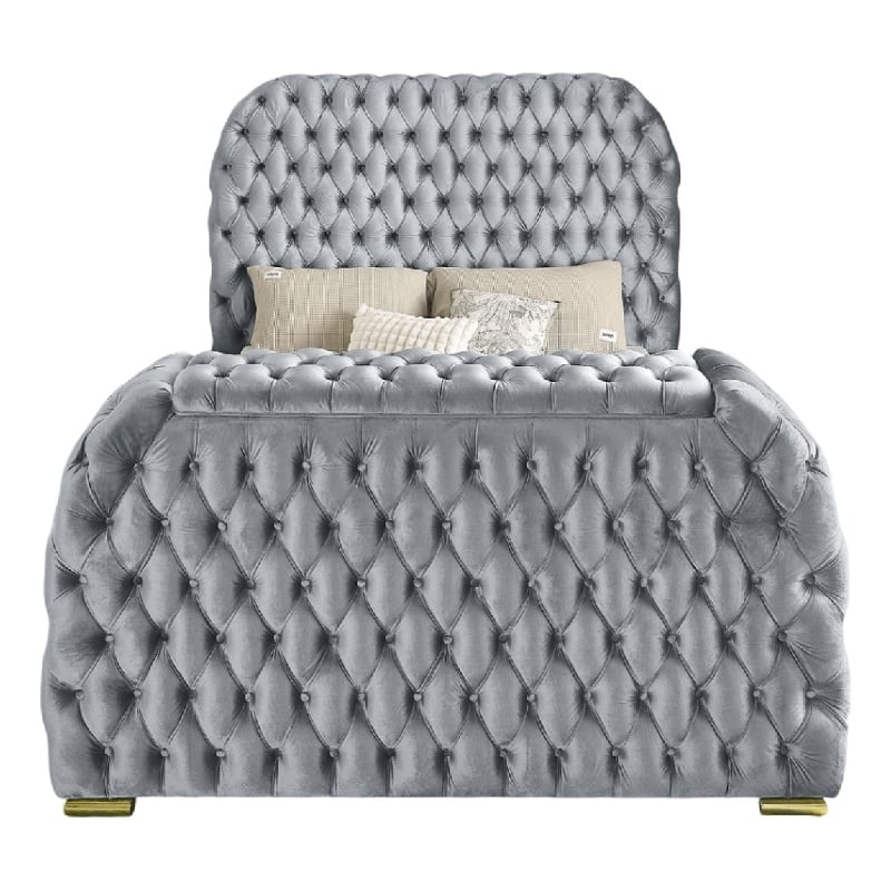 Kery King Bed- Lift TV Stand- LED Fireplace- Gray Velvet Upholstery