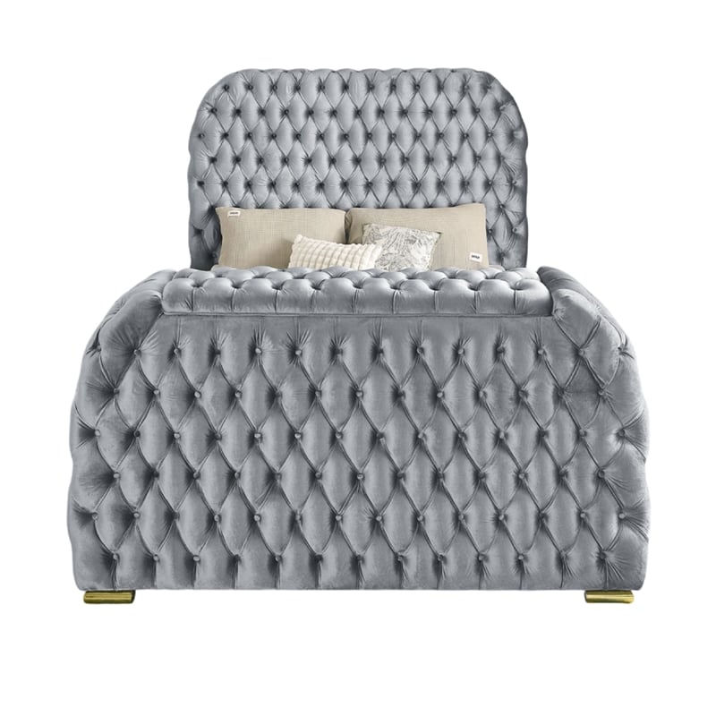 Kery Queen Bed- Lift TV Stand- LED Fireplace- Gray Velvet Upholstery