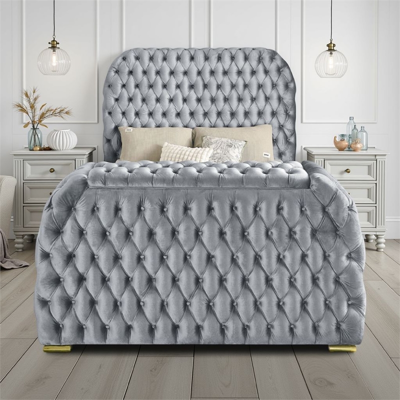 Kery Queen Bed- Lift TV Stand- LED Fireplace- Gray Velvet Upholstery