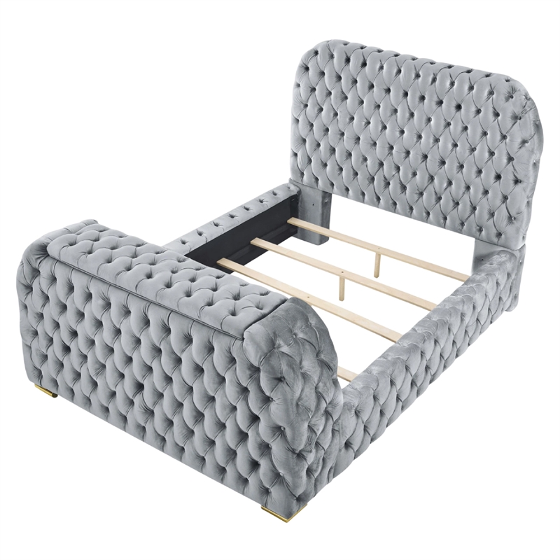 Kery Queen Bed- Lift TV Stand- LED Fireplace- Gray Velvet Upholstery