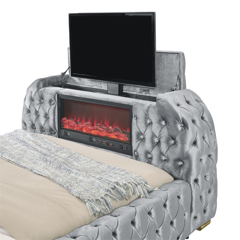 Kery Queen Bed- Lift TV Stand- LED Fireplace- Gray Velvet Upholstery