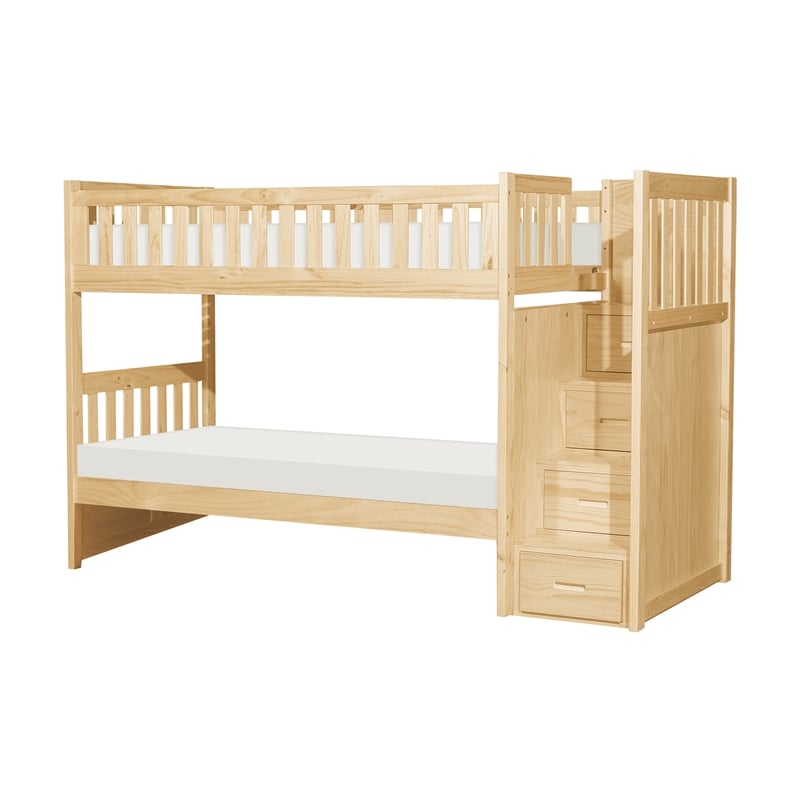 Catherine Twin over Twin Bunk Bed- Storage Step- Natural Brown- Solid Wood